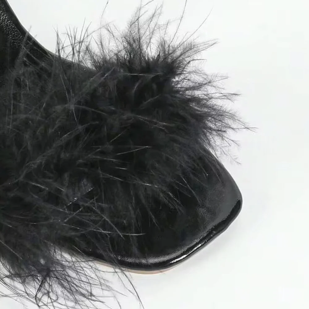 Black Feather Ankle Strap Sandals Cut Out Block Heel Square Toe Sz 11.5 EUR 44